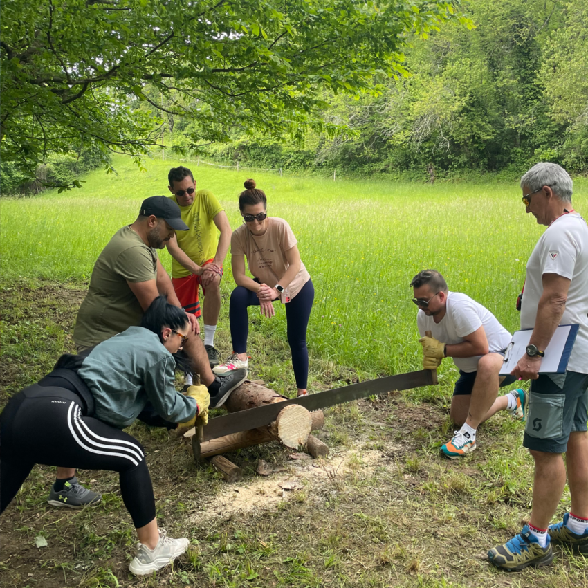 REAZN employees participating in an outdoor team sawing activity, promoting collaboration and teamwork
